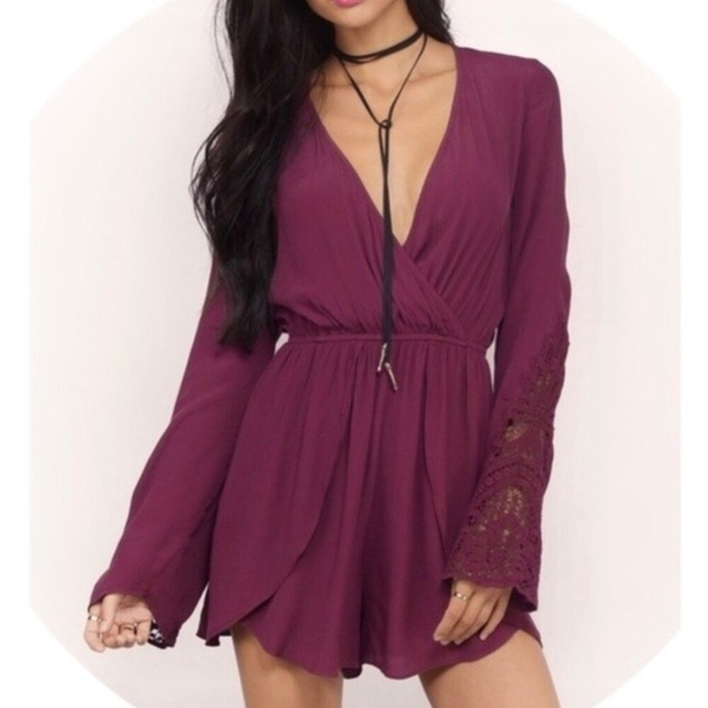 Tobi Remember My Name Surplice Flowy Crochet Romper